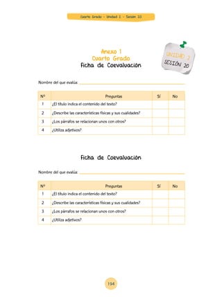 Nº 		 Preguntas Sí No
1 ¿El título indica el contenido del texto?
2 ¿Describe las características físicas y sus cualidades?
3 ¿Los párrafos se relacionan unos con otros?
4 ¿Utiliza adjetivos?
Nº 		 Preguntas Sí No
1 ¿El título indica el contenido del texto?
2 ¿Describe las características físicas y sus cualidades?
3 ¿Los párrafos se relacionan unos con otros?
4 ¿Utiliza adjetivos?
Anexo 1
Cuarto Grado
Ficha de Coevaluación
Ficha de Coevaluación
Nombre del que evalúa:
Nombre del que evalúa:
UNIDAD 2
SESIÓN 20
194
Cuarto Grado - Unidad 2 - Sesión 20
 