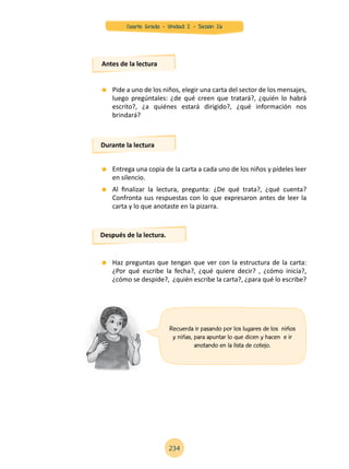 Pide a uno de los niños, elegir una carta del sector de los mensajes,
luego pregúntales: ¿de qué creen que tratará?, ¿quién lo habrá
escrito?, ¿a quiénes estará dirigido?, ¿qué información nos
brindará?
	 Entrega una copia de la carta a cada uno de los niños y pídeles leer
en silencio.
	 Al finalizar la lectura, pregunta: ¿De qué trata?, ¿qué cuenta?
Confronta sus respuestas con lo que expresaron antes de leer la
carta y lo que anotaste en la pizarra.
	 Haz preguntas que tengan que ver con la estructura de la carta:
¿Por qué escribe la fecha?, ¿qué quiere decir? , ¿cómo inicia?,
¿cómo se despide?, ¿quién escribe la carta?, ¿para qué lo escribe?
Antes de la lectura
Durante la lectura
Después de la lectura.
Recuerda ir pasando por los lugares de los niños
y niñas, para apuntar lo que dicen y hacen e ir
anotando en la lista de cotejo.
234
Cuarto Grado - Unidad 2 - Sesión 26
 