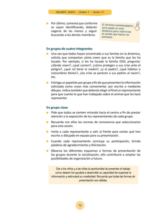 En grupos de cuatro integrantes
	 Una vez que todos hayan encontrado a sus familas en la dinámica,
solicita que compartan cómo creen que es la familia que les ha
tocado. Por ejemplo, si les ha tocado la familia OSO, pregunta:
¿dónde viven?, ¿qué comen?, ¿cómo protegen a sus crías ante el
peligro?, ¿qué rol tiene la madre?, ¿y el padre?, ¿qué hábitos o
costumbres tienen?, ¿las crías se parecen a sus padres al nacer?,
etc.
	 Entrega un papelote por grupo a fin de que presenten la información
solicitada como crean más conveniente: por escrito o mediante
dibujos. Indica también que deberán elegir al final un representante
para que cuente lo que han trabajado sobre el animal que les tocó
representar.
El término onomatopéyico
será usado en esta
dinámica para referirnos
al sonido que hacen los
animales.
	 Por último, comenta que conforme
se vayan identificando, deberán
cogerse de las manos y seguir
buscando a los demás miembros.
En grupo clase
	 Pide que todos se sienten mirando hacia el centro a fin de prestar
atención a la exposición de los representantes de cada grupo.
	 Recuerda con ellos las normas de convivencia que seleccionaron
para esta sesión.
	 Invita a cada representante a salir al frente para contar qué han
escrito o dibujado en equipo para su presentación.
	 Cuando cada representante concluya su participación, brinda
palabras de agradecimiento y felicitación.
	 Observa los diferentes esquemas o formas de presentación de
los grupos durante la socialización, ello contribuirá a ampliar las
posibilidades de organización a futuro.
Dar a los niños y a las niñas la oportunidad de presentar el trabajo
como deseen los ayudará a desarrollar su capacidad de organizar la
información y estimulará su creatividad. Recuerda que todas las formas de
presentación son válidas.
79
SEGUNDO GRADO - Unidad 2 - Sesión 07
 