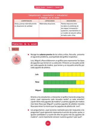 Cuarto Grado - Unidad 2 - Sesión 02
15minutos
INICIO
Momentos de la sesión
1.
Competencia(s), capacidad(es) e indicador(es)
a trabajar en la sesión
COMPETENCIAS CAPACIDADES INDICADORES
Actúa y piensa matemáticamente
en situaciones de cantidad.
Matematiza situaciones. Plantea relaciones entre
los datos en problemas de
dos etapas (comparación -
igualación), expresándolos en
un modelo de solución aditiva
de hasta cuatro cifras.
	 Recoge los saberes previos de los niños y niñas. Para ello, presenta
el siguiente problema, acompañado del gráfico respectivo:
	 Luis, Miguel y Rosa elaboraron un gráfico para representar los tipos
de juguetes que tenían en su colección. Pintaron un recuadro verde
por cada juguete de madera que tenían y un recuadro amarillo por
cada juguete de plástico.
	 Orienta a los estudiantes a interpretar el gráfico haciendo preguntas
como: ¿qué representa cada recuadro verde? ¿y cada amarillo?
¿quién tiene más juguetes de madera? ¿cuántos juguetes de madera
más tiene Rosa que Miguel? ¿cuántos juguetes de plástico necesita
Rosa para tener lo mismo que los juguetes de plástico de Luis?
	 Les preguntamos: ¿qué acciones realizaste para dar respuesta a las
preguntas? ¿qué operación representa la acción de juntar, quitar, o
igualar cantidades? ¿a quién de ellos les gusta más los juguetes de
madera? ¿será importante conocer nuestros gustos? ¿por qué?
Luis
Rosa
Miguel
261
 