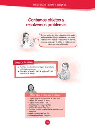 251
En esta sesión, los niños y las niñas continuarán
aprendiendo a contar y a representar colecciones
de hasta cinco objetos, y resolviendo de manera
concreta, pictórica y simbólica en problemas que
involucren estas colecciones.
	 Ten listo el material necesario para desarrollar las
actividades propuestas.
	 Revisa las actividades 8 y 9 de la página 25 del
Cuaderno de trabajo.
Antes de la sesión
Contamos objetos y
resolvemos problemas
	 Tarjetas gráficas de colecciones de hasta cinco
objetos (ver modelos en Inicio).
	 Tarjetas numéricas del 1 al 5.
	 Papelotes, plumones y limpiatipo.
	 Cubitos del material Base Diez.
	 Semillas, piedritas, chapitas, tapitas u otros objetos
pequeños.
	 Cuaderno de trabajo (pág. 25).
	 Ficha de observación (Sesión 1).
Materiales o recursos a utilizar
primer GRADO - Unidad 2 - Sesión 05
 