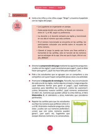 Segundo Grado - Unidad 2 - Sesión 10
70minutos
DESARROLLO2. 	 Invita a los niños y a las niñas a jugar “Bingo” y muestra el papelote
con las reglas del juego:
• Los jugadores se organizarán en parejas.
• Cada pareja tendrá una cartilla y la llenará con números 	
entre el 1 y el 90, según su preferencia.
• La docente o el docente extraerá una tapita y mencionará
en voz alta el número que esta contiene.
• Si el número mencionado se encuentra en las cartillas, los
participantes colocarán una semilla sobre el recuadro de
dicho número.
• Ganará el juego la pareja que forme una línea vertical u
horizontal en las cartillas, esto en función de los números
que se extraigan de la caja. Una vez que lo logre, dirá en voz
alta ¡BINGO!
	 Orientalacomprensióndeljuegomediantelassiguientespreguntas:
¿cuáles son las reglas?, ¿qué necesitamos para jugar?, ¿qué se debe
hacer para ganar?, ¿qué nos hace falta para empezar?, etc.
	 Pide a los estudiantes que se agrupen con un compañero o una
compañera con quien hayan compartido pocas veces una actividad.
	 Promueve la búsqueda de estrategias. Para ello, haz una simulación
de cada una de las reglas, realiza algunos ensayos y luego pregunta:
¿qué debemos formar para ganar el juego?, ¿qué materiales
usaremos para identificar los números?, ¿cómo los usaremos?;
¿cómo llenaremos nuestra cartilla?, ¿qué números anotaremos
en ella?; etc. Comenta que pueden utilizar la cinta métrica, el libro
Matemática 2, el calendario u otros materiales que consideren
pertinentes.
	 Reparte las cartillas para que los estudiantes
escriban los números que prefieran entre el 1
y el 90. Oriéntalos mediante preguntas como
estas: ¿cuáles son sus números preferidos?;
¿creen que con estos números pueden
ganar?, ¿por qué?; etc. Sugiéreles que
escojan diversos números y no consecutivos.
bingo
292
 
