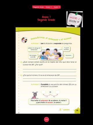 25
%
2.° grado
Actividad 1. Lee la situación y responde las preguntas.
Actividad 2. Completa la secuencia del número 28 con su
antecesor y su sucesor.
Descubrimos el antecesor y el sucesor
a) ¿Qué número estará escrito en la tarjeta del niño que dice tener el
sucesor de 28? ¿Por qué?
____________________________________________________________________
____________________________________________________________________.
b) ¿Por qué el número 10 no es el antecesor de 28? _____________________
____________________________________________________________________
____________________________________________________________________.
- 1 +1
28
¡Miren! Yo tengo el
antecesor.
Y yo el
sucesor.
Hummm…
Para hallar el antecesor de un número, le restas 1
y para hallar el sucesor, le sumas 1.
Mi número
es el 28.
Anexo 1
Segundo Grado
UNIDAD 2
SESIÓN 11
Segundo Grado - Unidad 2 - Sesión 11
306
 