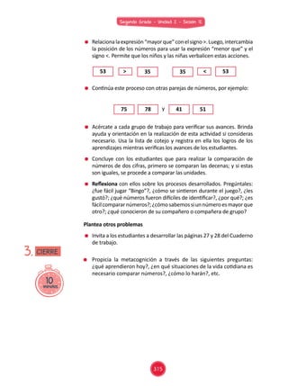 Segundo Grado - Unidad 2 - Sesión 12
	 Propicia la metacognición a través de las siguientes preguntas:
¿qué aprendieron hoy?, ¿en qué situaciones de la vida cotidiana es
necesario comparar números?, ¿cómo lo harán?, etc.
10minutos
3. CIERRE
	 Continúa este proceso con otras parejas de números, por ejemplo:
	 Acércate a cada grupo de trabajo para verificar sus avances. Brinda
ayuda y orientación en la realización de esta actividad si consideras
necesario. Usa la lista de cotejo y registra en ella los logros de los
aprendizajes mientras verificas los avances de los estudiantes.
	 Concluye con los estudiantes que para realizar la comparación de
números de dos cifras, primero se comparan las decenas; y si estas
son iguales, se procede a comparar las unidades.
	 Reflexiona con ellos sobre los procesos desarrollados. Pregúntales:
¿fue fácil jugar “Bingo”?, ¿cómo se sintieron durante el juego?, ¿les
gustó?; ¿qué números fueron difíciles de identificar?, ¿por qué?; ¿es
fácilcompararnúmeros?;¿cómosabemossiunnúmeroesmayorque
otro?; ¿qué conocieron de su compañero o compañera de grupo?
75 4178 51y
	 Relacionalaexpresión“mayorque”conelsigno>.Luego,intercambia
la posición de los números para usar la expresión “menor que” y el
signo <. Permite que los niños y las niñas verbalicen estas acciones.
> >53 5335 35
Plantea otros problemas
	 Invita a los estudiantes a desarrollar las páginas 27 y 28 del Cuaderno
de trabajo.
315
 