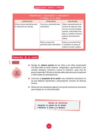 Segundo Grado - Unidad 2 - Sesión 13
10minutos
INICIO
Momentos de la sesión
1.
Competencia(s), capacidad(es) e indicador(es)
a trabajar en la sesión
COMPETENCIAS CAPACIDADES INDICADORES
Actúa y piensa matemáticamente
en situaciones de cantidad.
Comunica y representa ideas
matemáticas.
Elabora representaciones de
números de hasta dos cifras,
de forma concreta (chapitas,
piedritas, material Base Diez,
ábaco) y simbólica (números,
palabras, descomposición
aditiva).
Razona y argumenta
generando ideas matemáticas.
Explica sus procedimientos
o resultados con apoyo de
material concreto o gráfico.
	 Recoge los saberes previos de los niños y las niñas conversando
con ellos sobre la sesión anterior. Pregúntales: ¿qué hicimos?, ¿fue
sencillo comparar números?, ¿cómo lo hicieron?, ¿qué más les
gustaría aprender? Brinda un tiempo adecuado para que se expresen
y valora todas las participaciones.
	 Comunica el propósito de la sesión: hoy resolverán situaciones en
las que deberán representar y descomponer números de diversas
formas.
	 Revisa con los estudiantes algunas normas de convivencia necesarias
para trabajar en un clima favorable.
Normas de convivencia
	Respetar la opinión de los demás.
	Mantener el orden y la limpieza.
322
 
