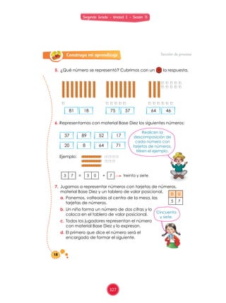 Construyo mi aprendizaje
EMPIEZO RECORDANDO: CONSTRUYO MI APRENDIZAJE:
EVALUACION:
JUEGO Y APRENDO:
CON EL PROFESOR:
Sección de proceso
5.	 ¿Qué	número	se	representó?	Cubrimos	con	un	 	la	respuesta.
6.	Representamos	con	material	Base	Diez	los	siguientes	números:
Ejemplo:
=		 +
7.	 Jugamos	a	representar	números	con	tarjetas	de	números,	
material	Base	Diez	y	un	tablero	de	valor	posicional.	
a.	Ponemos,	volteadas	al	centro	de	la	mesa,	las	
tarjetas	de	números.	
b.	Un	niño	forma	un	número	de	dos	cifras	y	lo	
coloca	en	el	tablero	de	valor	posicional.
c.	Todos	los	jugadores	representan	el	número		
con	material	Base	Diez	y	lo	expresan.	
d.	El	primero	que	dice	el	número	será	el		
encargado	de	formar	el	siguiente.
Realicen	la	
descomposición	de	
cada	número	con	
tarjetas	de	números.	
Miren	el	ejemplo.
D U
5 7
treinta	y	siete3 7 3 0 7
Cincuenta	
y	siete.
81 18
37 89 52 17
20 8 64 71
75 57 4664
18
Segundo Grado - Unidad 2 - Sesión 13
327
 