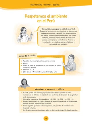 Papelotes, plumones, lápiz, colores y cinta adhesiva.
Videos.
Botella de vidrio de boca ancha con tapa o botella de plástico
cortado por la mitad.
Anexos 1, 2, 3, 4.
Libro Ciencia y Ambiente 6 (páginas 119, 120 y 124).
Botella de vidrio de boca ancha con tapa o botella de plástico
Libro Ciencia y Ambiente 6 (páginas 119, 120 y 124).
Antes de la sesión
Respetemos el ambiente
en el Perú
Si la I.E. cuenta con internet y equipo de video, observa y analiza el video
mencionado en el Anexo 1, relaciónalo con las formas de desarrollo de la agricultura
en la época incaica.
Alternativa: revisa en el libro las páginas 122, 125, 132, 133, 134, 136, 137.
Prepara dos macetas con cajas o pedazos de llantas o dos parcelas de terreno para
sembrar diversos alimentos de la localidad.
Tierra de jardín, guantes o bolsas de plástico, pala, semillas de hortalizas de la
localidad, pañuelos.
Un día antes, pide que investiguen sobre el abono orgánico y el fertilizante químico.
¿Por qué debemos respetar el ambiente en el Perú?
Respetar el ambiente nos permite conservar los recursos
para vivir en equilibrio y armonía con la naturaleza. En
esta sesión, los niños y niñas investigarán, con fuentes
confiables, sobre las diversas formas de producción
agrícola que respetan el ambiente en el Perú. En su
investigación, formularán preguntas e hipótesis, y
contrastarán sus resultados.
Materiales o recursos a utilizar
104
SEXTO GRADO - UNIDAD 5 - SESIÓN 11
 