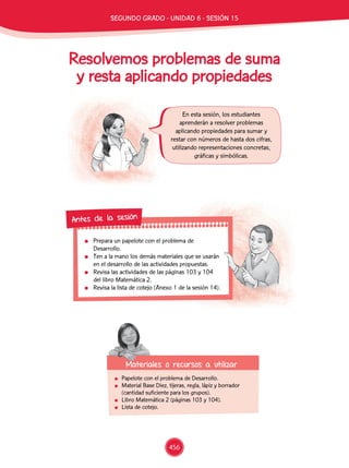 Resolvemos problemas de suma
y resta aplicando propiedades
	 Papelote con el problema de Desarrollo.
	 Material Base Diez, tijeras, regla, lápiz y borrador
(cantidad suficiente para los grupos).
	 Libro Matemática 2 (páginas 103 y 104).
	 Lista de cotejo.
En esta sesión, los estudiantes
aprenderán a resolver problemas
aplicando propiedades para sumar y
restar con números de hasta dos cifras,
utilizando representaciones concretas,
gráficas y simbólicas.
	 Prepara un papelote con el problema de
Desarrollo.
	 Ten a la mano los demás materiales que se usarán
en el desarrollo de las actividades propuestas.
	 Revisa las actividades de las páginas 103 y 104
del libro Matemática 2.
	 Revisa la lista de cotejo (Anexo 1 de la sesión 14).
Antes de la sesión
Materiales o recursos a utilizar
segundo Grado - Unidad 6 - Sesión 15
456
 