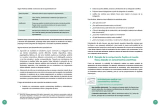 76 77
Según Pedrinaci (2008), la estructura de la argumentación es8
:
Ideas de partida Afirmación sobre la que se organiza la argumentación.
Datos Cifras, hechos, observaciones o evidencias que apoyan una
afirmación.
Justificación Frases que explican la relación entre los datos y la idea de partida.
Pueden incluir conocimientos teóricos en los que se basa la
justificación (fundamentos).
Conclusión Idea final que se deduce de la argumentación. Puede no coincidir
con la idea de partida, pero tiene que derivarse del cuerpo de la
argumentación.
Debemos exigir que en esta etapa final del proceso, el estudiante evalúe las limitaciones
y alcances del experimento, proponga ideas para mejorar la recolección de datos y
proponga nuevas preguntas de indagación o soluciones al problema planteado.
Algunas técnicas para desarrollar esta capacidad son:
	 Exposición de resultados: El estudiante expone oralmente su indagación ante
sus demás compañeros, usando diferentes medios: diapositivas, videos,
papelógrafos, trípticos, etc. Así como también, explica sus resultados; sustenta
los modelos matemáticos utilizados contrastando con la bibliografía existente,
o con los principios o teorías correspondientes. Presenta sus conclusiones, las
limitaciones o posibles fallas que puedan haber afectado la precisión de sus
resultados y propone mejoras realistas para aumentar la calidad de estos. Y,
finalmente, responde a las inquietudes de sus compañeros con argumentos
sólidos (debate), usando un lenguaje científico.
	 Elaboración de informes: el estudiante escribe un ensayo o resumen a partir de su
cuaderno de experiencias y nos informa los pasos que ha seguido, los resultados
obtenidos, la evidencia de su trabajo experimental, su análisis y conclusiones,
las limitaciones o posibles fallas que puedan haber afectado la precisión de sus
resultados y propone mejoras realistas para aumentar la calidad de los mismos.
El logro del estudiante en esta capacidad se evidencia cuando:
	 Sustenta sus conclusiones usando convenciones científicas y matemáticas y
responde a los comentarios críticos y preguntas de otros.
8	 María Pilar Jiménez Aleixandre (2010) define “argumentar” como “evaluar el conocimiento a partir de
las pruebas disponibles”. Considera, por lo tanto, que para hablar de argumentación es necesario
que haya conocimiento y que se aporten pruebas (datos, observaciones, experiencias, razones), con
la intención de confirmarlo o refutarlo.
	 Evalúa los puntos débiles, alcances y limitaciones de su indagación científica.
	 Propone nuevas indagaciones a partir de preguntas no resueltas.
	 Justifica los cambios que debería hacer para mejorar el proceso de su
indagación.
Para finalizar, debemos hacer reflexionar al estudiante sobre:
	 ¿Por qué esto es así?
	 ¿Por qué funciona de este modo y no de otro?
	 ¿Qué implicancias puede tener este conocimiento en la sociedad?
	 ¿Cómo la tecnología de la construcción y de la energía y potencia han utilizado
este conocimiento?
	 ¿Qué otros modelos físicos explican el movimiento?
	 ¿En qué situaciones se aplican estos modelos?
	 ¿Cómo tecnologías ancestrales y modernas han utilizado este conocimiento?
Entendiendo, de esta manera, que para lograrlo necesitan desarrollar procesos que
los lleven a una respuesta satisfactoria y que resista la mayor parte posible de los
cuestionamientos, teniendo en cuenta que las respuestas de la ciencia son provisionales
y que tienen vigencia hasta el surgimiento de otras nuevas, más convincentes. En los
casos en los que sea pertinente, podemos conectar el desarrollo de esta competencia
con cualquiera de las otras tres.
3.2.2	 Ejemplo de la competencia: Explica el mundo
físico, basado en conocimientos científicos
Como se mencionó, la actividad de indagación anterior se puede convertir en
generadora de otras actividades. Por ejemplo, utilizaremos la siguiente actividad para
complementar la idea científica relacionada al movimiento, pero desarrollando una
competencia distinta: la de explicar con conocimientos científicos el mundo físico, ligado
al movimiento vertical como contenido, para lo cual les proporcionamos la siguiente
información:
Actividad para explicar con
conocimientos científicos
¿Cómo funciona un parapente?
Idea científica relacionada: “Los cuerpos se mueven según las fuerzas que
actúan sobre ellos; las diversas manifestaciones de energía se relacionan
con la fuente de la que provienen”.
Contenidos relacionados: MRU, MRUV, Movimiento vertical, DCL, fuerza de
fricción, principio de la conservación de la energía mecánica.
 