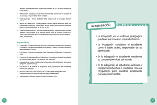 116 117
didáctica fundamentada para la educación científica de 15 a 18 años. Santiago de
Chile: OREALC.
	 UNESCO (2011). Educación para el desarrollo sostenible. Examen por los expertos de
los procesos y el aprendizaje. París: UNESCO.
	 VÁSQUEZ, Ángel y Marco ALARCÓN (2010). Didáctica de la tecnología. Madrid:
Síntesis.
	 WINDSCHITL, Mark (2003). “Inquiry projects in science teacher education: what can
investigative experiences reveal about teacher thinking and eventual classroom
practice?”. Science Education, N° 87, pp. 112-143.
	 YANKOVIC,Bartolomé(2011).Procesoscientíficos:predecir,interpretardatos,controlar
variables (Cómo trabajar en la sala de clases). Fecha de consulta: 20/08/2013.
<http://www.educativo.utalca.cl/medios/educativo/profesores/basica/predecir_
datos_variables.pdf>.
Específicas:
	 A frame for K-12 Science Education Practices Crosscuttings Concepts and Core ideas.
Committe on Conceptual Framework for the New K-12 Science Education Standards;
National Research Council.
	 Core Science Curriculum Framework, State Department of Education, Connecticut,
2005.
	 Compendio de Estrategias Bajo el Enfoque por Competencias, Instituto Tecnológico
de Sonora, primera versión, Cd, Obregon, Son. Enero 2007.
	 Competencia en Cultura Científica, Tecnológica y de la Salud,Educación Secundaria
Obligatoria, Gobierno Vasco.
	 Las ciencias en el continuo de programas del IB, Organización del Bachillerato
Internacional, Julio 2011.
	 MÉTODO DE RECOLECCIÓN DE DATOS (s. f.). <http://www.monografias.com/
trabajos16/recoleccion-datos/recoleccion-datos.shtml#mtodos>.
	 The Australian Curriculum Science, ACARA, 20 de enero 2012.
LA INDAGACIÓN
La indagación es un enfoque pedagógico
que tiene sus bases en el constructivismo.
La indagación considera al estudiante
como el sujeto activo, responsable de su
aprendizaje.
En la indagación el estudiante transforma
su comprensión inicial del mundo.
En la indagación el estudiante contrasta o
complementa hechos o resultados con sus
compañeros para construir socialmente
nuevos conocimientos.
•	
•	
•	
•	
117
 