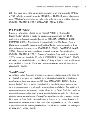41Implantação e manejo de vinhedos de base ecológica
30 t/ha, com conteúdo de açúcar e acidez total em torno de 16ºBrix
e 150 mEq/L, respectivamente (BANCO..., 2009). O vinho elaborado
com ‘Máximo’ caracteriza-se pela coloração intensa e acidez elevada
(SOUSA; MARTINS, 2002; CAMARGO; MAIA, 2008).
IAC 116-31 ‘Rainha’
É uma uva branca, híbrida entre ‘Seibel 7.053’ e ‘Burgunder
Kastenholtz’, obtida a partir do cruzamento realizado em 1946,
no Instituto Agronômico de Campinas (SOUSA; MARTINS, 2002;
POMMER, 2009). Atualmente é encontrada em São Paulo, Santa
Catarina e na região serrana do Espírito Santo, estados onde a área
plantada mantém-se estável (CAMARGO, 2008b; CAMARGO; MAIA,
2008). Apresenta vigor mediano e amadurece em fins de janeiro
(SOUSA; MARTINS, 2002). O conteúdo de açúcar está em torno de
22ºBrix e acidez total de 96 mEq/L (EMBRAPA UVA E VINHO, 2009).
O vinho branco elaborado com ‘Rainha’ é agradável e bem equilibrado,
mas de fácil oxidação. Pode ser usado em cortes com vinhos tintos
(POMMER, 2009).
‘Isabel Precoce’
A cultivar Isabel Precoce apresenta as características agronômicas da
cv. Isabel, mas com um período de maturação bastante antecipado
ao desta cultivar, em cerca de 33 dias (CAMARGO, 2004). Assim
como ‘Isabel’, tem o sabor característico das labruscas, adaptando-
se a todos os usos e originando suco de boa qualidade. Seu cultivo é
recomendado no sul do país, especialmente na Serra Gaúcha, onde se
constitui em uma alternativa para ampliação do período de colheita e
de processamento da uva. Em regiões de climas mais quentes, como
Noroeste de São Paulo, Mato Grosso e Goiás, a cv. Isabel Precoce é
recomendada como alternativa para elaboração de sucos, oferecendo
a possibilidade de realização de duas colheitas no período de estiagem
(CAMARGO; MAIA, 2008).
 