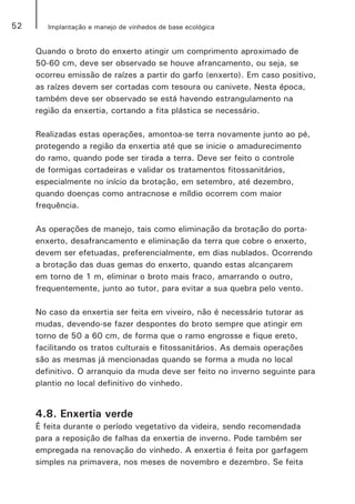 52 Implantação e manejo de vinhedos de base ecológica
Quando o broto do enxerto atingir um comprimento aproximado de
50-60 cm, deve ser observado se houve afrancamento, ou seja, se
ocorreu emissão de raízes a partir do garfo (enxerto). Em caso positivo,
as raízes devem ser cortadas com tesoura ou canivete. Nesta época,
também deve ser observado se está havendo estrangulamento na
região da enxertia, cortando a fita plástica se necessário.
Realizadas estas operações, amontoa-se terra novamente junto ao pé,
protegendo a região da enxertia até que se inicie o amadurecimento
do ramo, quando pode ser tirada a terra. Deve ser feito o controle
de formigas cortadeiras e validar os tratamentos fitossanitários,
especialmente no início da brotação, em setembro, até dezembro,
quando doenças como antracnose e míldio ocorrem com maior
frequência.
As operações de manejo, tais como eliminação da brotação do porta-
enxerto, desafrancamento e eliminação da terra que cobre o enxerto,
devem ser efetuadas, preferencialmente, em dias nublados. Ocorrendo
a brotação das duas gemas do enxerto, quando estas alcançarem
em torno de 1 m, eliminar o broto mais fraco, amarrando o outro,
frequentemente, junto ao tutor, para evitar a sua quebra pelo vento.
No caso da enxertia ser feita em viveiro, não é necessário tutorar as
mudas, devendo-se fazer despontes do broto sempre que atingir em
torno de 50 a 60 cm, de forma que o ramo engrosse e fique ereto,
facilitando os tratos culturais e fitossanitários. As demais operações
são as mesmas já mencionadas quando se forma a muda no local
definitivo. O arranquio da muda deve ser feito no inverno seguinte para
plantio no local definitivo do vinhedo.
4.8. Enxertia verde
É feita durante o período vegetativo da videira, sendo recomendada
para a reposição de falhas da enxertia de inverno. Pode também ser
empregada na renovação do vinhedo. A enxertia é feita por garfagem
simples na primavera, nos meses de novembro e dezembro. Se feita
 