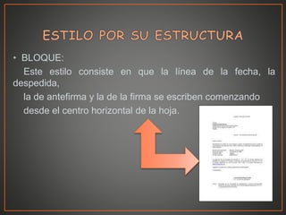 • BLOQUE:
Este estilo consiste en que la línea de la fecha, la
despedida,
la de antefirma y la de la firma se escriben comenzando
desde el centro horizontal de la hoja.
 