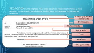 REDACCION: En la empresa T&C usted es jefe de relaciones humanas y debe
redactar un documento para la llamar la atención a un trabajador por tardanzas
reiteradas.
MEMORANDO N° 001-D/TR/16
AL : Sr. JUAN DIEGO GOMEZ MEDRANO
Trabajador de T&C
ASUNTO : Tardanzas Reiteradas
FECHA : Tarma, 23 de julio de 2016.
Por medio del presente, encargo y recuerdo a Ud. Que el horario de ingreso a su
oficina es a las 8:00am por favor se le recuerda mayor puntualidad y responsabilidad caso contrario se
le suspenderá según a las normas de la empresa T&C.
Atentamente,
Ing. JHONATAN OSORES TORRES
Jefe de relaciones humanas
Código y la palabra
memorando
Destinatario
Titulo del texto
Lugar y fecha
Texto
Antefirma
Firma y posfirma
 