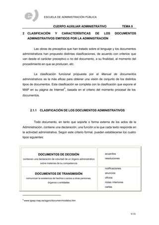 ESCUELA DE ADMINISTRACIÓN PÚBLICA
CUERPO AUXILIAR ADMINISTRATIVO TEMA 9
9/38
2 CLASIFICACIÓN Y CARACTERÍSITICAS DE LOS DOCUMENTOS
ADMINISTRATIVOS EMITIDOS POR LA ADMINISTRACIÓN
Las obras de preceptiva que han tratado sobre el lenguaje y los documentos
administrativos han propuesto distintas clasificaciones, de acuerdo con criterios que
van desde el carácter preceptivo o no del documento, a su finalidad, al momento del
procedimiento en que se producen, etc.
La clasificación funcional propuesta por el Manual de documentos
administrativos es la más eficaz para obtener una visión de conjunto de los distintos
tipos de documentos. Esta clasificación se completa con la clasificación que expone el
MAP en su página de Internet
4
, basada en el criterio del momento procesal de los
documentos.
2.1.1 CLASIFICACIÓN DE LOS DOCUMENTOS ADMINISTRATIVOS
Todo documento, en tanto que soporte o forma externa de los actos de la
Administración, contiene una declaración, una función a la que cada texto responde en
la actividad administrativa. Según este criterio formal, pueden establecerse los cuatro
tipos siguientes:
DOCUMENTOS DE DECISIÓN
contienen una declaración de voluntad de un órgano administrativo
sobre materias de su competencia
acuerdos
resoluciones
DOCUMENTOS DE TRANSMISIÓN
comunican la existencia de hechos o actos a otras personas,
órganos o entidades
notificaciones
anuncios
oficios
notas interiores
cartas
4
www.igsap.map.es/sgpro/documen/modelos.htm
 