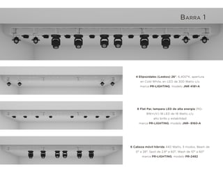 8 Flat Par, lampara LED de alta energía (RG-
BW+UV) 18 LED de 18 Watts c/u
alto brillo y estabilidad
marca PR-LIGHTING, modelo JNR- 8160-A
6 Cabeza móvil hibrida 440 Watts, 3 modos, Beam de
0° a 28°, Spot de 2.8° a 60°, Wash de 10° a 60°
marca PR-LIGHTING, modelo PR-2482
4 Elipsoidales (Leekos) 26°, 6,400°K, apertura
en Cold White, en LED de 300 Watts c/u
marca PR-LIGHTING, modelo JNR 4181-A
BARRA 1
 