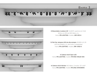 6 Cabeza móvil hibrida 440 Watts, 3 modos, 10° a 60°
marca PR-LIGHTING, modelo PR-2462 XR400BWS
12 Flat Par, lampara LED de alta energía (RGBW+UV) 18
LED de 18 Watts c/u, alto brillo y estabilidad
marca PR-LIGHTING, modelo JNR- 8160-A
8 Elipsoidales (Leekos) 26°, 6,400°K, apertura en Cold
White, en LED de 300 Watts c/u
marca PR-LIGHTING, modelo JNR 4181-A
6 Cabeza móvil Spot LED
marca PR-LIGHTING, modelo PR-8160 XRLED 500
BARRA 3
 