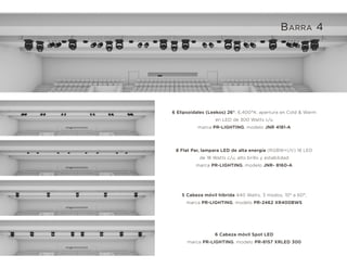 8 Flat Par, lampara LED de alta energía (RGBW+UV) 18 LED
de 18 Watts c/u, alto brillo y estabilidad
marca PR-LIGHTING, modelo JNR- 8160-A
5 Cabeza móvil hibrida 440 Watts, 3 modos, 10° a 60°,
marca PR-LIGHTING, modelo PR-2462 XR400BWS
6 Cabeza móvil Spot LED
marca PR-LIGHTING, modelo PR-8157 XRLED 300
6 Elipsoidales (Leekos) 26°, 6,400°K, apertura en Cold & Warm
en LED de 300 Watts c/u
marca PR-LIGHTING, modelo JNR 4181-A
BARRA 4
 