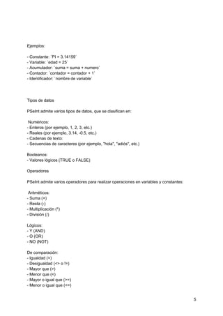 Ejemplos:
- Constante: `PI = 3.14159`
- Variable: `edad = 25`
- Acumulador: `suma = suma + numero`
- Contador: `contador = contador + 1`
- Identificador: `nombre de variable`
Tipos de datos
PSeInt admite varios tipos de datos, que se clasifican en:
Numéricos:
- Enteros (por ejemplo, 1, 2, 3, etc.)
- Reales (por ejemplo, 3.14, -0.5, etc.)
- Cadenas de texto:
- Secuencias de caracteres (por ejemplo, "hola", "adiós", etc.)
Booleanos:
- Valores lógicos (TRUE o FALSE)
Operadores
PSeInt admite varios operadores para realizar operaciones en variables y constantes:
Aritméticos:
- Suma (+)
- Resta (-)
- Multiplicación (*)
- División (/)
Lógicos:
- Y (AND)
- O (OR)
- NO (NOT)
De comparación:
- Igualdad (=)
- Desigualdad (<> o !=)
- Mayor que (>)
- Menor que (<)
- Mayor o igual que (>=)
- Menor o igual que (<=)
5
 