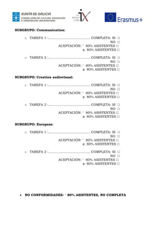 SUBGRUPO: Communication:
o TAREFA 1 :……………………………….. COMPLETA: SI ☐
NO ☐
ACEPTACIÓN: 80% ASISTENTES˂ ☐
≥ 80% ASISTENTES ☐
o TAREFA 2 :……………………………….. COMPLETA: SI ☐
NO ☐
ACEPTACIÓN: 80% ASISTENTES˂ ☐
≥ 80% ASISTENTES ☐
SUBGRUPO: Creation audiovisual:
o TAREFA 1 :……………………………….. COMPLETA: SI ☐
NO ☐
ACEPTACIÓN: 80% ASISTENTES˂ ☐
≥ 80% ASISTENTES ☐
o TAREFA 2 :……………………………….. COMPLETA: SI ☐
NO ☐
ACEPTACIÓN: 80% ASISTENTES˂ ☐
≥ 80% ASISTENTES ☐
SUBGRUPO: Europass:
o TAREFA 1 :……………………………….. COMPLETA: SI ☐
NO ☐
ACEPTACIÓN: 80% ASISTENTES˂ ☐
≥ 80% ASISTENTES ☐
o TAREFA 2 :……………………………….. COMPLETA: SI ☐
NO ☐
ACEPTACIÓN: 80% ASISTENTES˂ ☐
≥ 80% ASISTENTES ☐
• NO CONFORMIDADES: 80% ASISTENTES, NO COMPLETA˂
 
