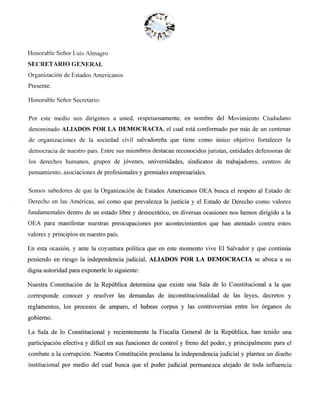 Carta de Aliados por la Democracia por Ataques a Sala Constitucional 