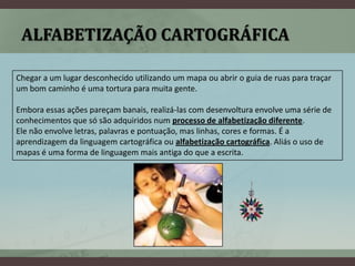 ALFABETIZAÇÃO CARTOGRÁFICA

Chegar a um lugar desconhecido utilizando um mapa ou abrir o guia de ruas para traçar
um bom caminho é uma tortura para muita gente.

Embora essas ações pareçam banais, realizá-las com desenvoltura envolve uma série de
conhecimentos que só são adquiridos num processo de alfabetização diferente.
Ele não envolve letras, palavras e pontuação, mas linhas, cores e formas. É a
aprendizagem da linguagem cartográfica ou alfabetização cartográfica. Aliás o uso de
mapas é uma forma de linguagem mais antiga do que a escrita.
 