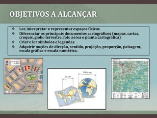 OBJETIVOS A ALCANÇAR
   Ler, interpretar e representar espaços físicos
   Diferenciar os principais documentos cartográficos (mapas, cartas,
    croquis, globo terrestre, foto aérea e planta cartográfica)
   Criar e ler símbolos e legendas.
   Adquirir noções de direção, sentido, projeção, proporção, paisagem,
    escala gráfica e escala numérica.
 