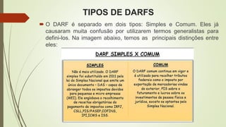 TIPOS DE DARFS
 O DARF é separado em dois tipos: Simples e Comum. Eles já
causaram muita confusão por utilizarem termos generalistas para
defini-los. Na imagem abaixo, temos as principais distinções entre
eles:
 