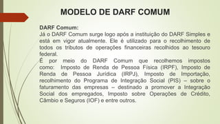 MODELO DE DARF COMUM
DARF Comum:
Já o DARF Comum surge logo após a instituição do DARF Simples e
está em vigor atualmente. Ele é utilizado para o recolhimento de
todos os tributos de operações financeiras recolhidos ao tesouro
federal.
É por meio do DARF Comum que recolhemos impostos
como: Imposto de Renda de Pessoa Física (IRPF), Imposto de
Renda de Pessoa Jurídica (IRPJ), Imposto de Importação,
recolhimento do Programa de Integração Social (PIS) – sobre o
faturamento das empresas – destinado a promover a Integração
Social dos empregados, Imposto sobre Operações de Crédito,
Câmbio e Seguros (IOF) e entre outros.
 