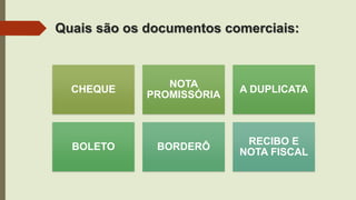 Quais são os documentos comerciais:
CHEQUE
NOTA
PROMISSÓRIA
A DUPLICATA
BOLETO BORDERÔ
RECIBO E
NOTA FISCAL
 