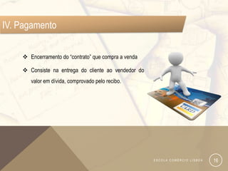 4. Pagamento
IV. Pagamento

      Encerramento do “contrato” que compra a venda

      Consiste na entrega do cliente ao vendedor do
        valor em dívida, comprovado pelo recibo.




                                                       ESCOLA COMÉRCIO LISBOA   16
 