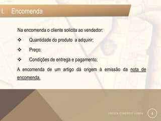 I. Encomenda

    Na encomenda o cliente solicita ao vendedor:
         Quantidade do produto a adquirir;
         Preço;
         Condições de entrega e pagamento;
    A encomenda de um artigo dá origem à emissão da nota de
    encomenda.




                                                   ESCOLA COMÉRCIO LISBOA   4
 