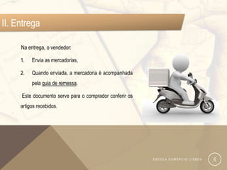 II. Entrega

     Na entrega, o vendedor:

     1.   Envia as mercadorias,

     2.   Quando enviada, a mercadoria é acompanhada
          pela guia de remessa.

     Este documento serve para o comprador conferir os
     artigos recebidos.




                                                         ESCOLA COMÉRCIO LISBOA   6
 