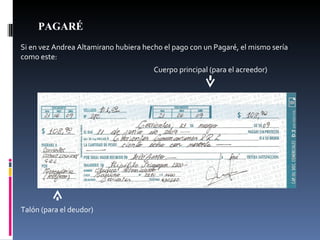 PAGARÉ Si en vez Andrea Altamirano hubiera hecho el pago con un Pagaré, el mismo sería como este:  Cuerpo principal (para el acreedor) Talón (para el deudor) 