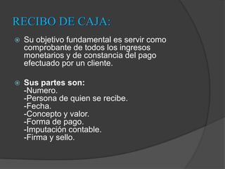RECIBO DE CAJA:Su objetivo fundamental es servir como comprobante de todos los ingresos monetarios y de constancia del pago efectuado por un cliente. Sus partes son:-Numero.-Persona de quien se recibe.-Fecha.-Concepto y valor.-Forma de pago.-Imputación contable.-Firma y sello.