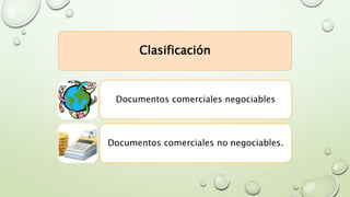 Clasificación
Documentos comerciales negociables
Documentos comerciales no negociables.
 