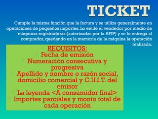 Cumple la misma función que la factura y se utiliza generalmente en
operaciones de pequeños importes. Lo emite el vendedor por medio de
máquinas registradoras (autorizadas por la AFIP) y se lo entrega al
comprador, quedando en la memoria de la máquina la operación
realizada.
 REQUISITOS:
 Fecha de emisión
 Numeración consecutiva y
progresiva
 Apellido y nombre o razón social,
domicilio comercial y C.U.I.T. del
emisor
 La leyenda <A consumidor final>
 Importes parciales y monto total de
cada operación
 