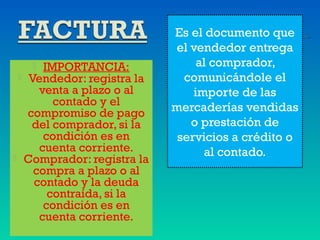 Es el documento que
el vendedor entrega
al comprador,
comunicándole el
importe de las
mercaderías vendidas
o prestación de
servicios a crédito o
al contado.
 IMPORTANCIA:
 Vendedor: registra la
venta a plazo o al
contado y el
compromiso de pago
del comprador, si la
condición es en
cuenta corriente.
 Comprador: registra la
compra a plazo o al
contado y la deuda
contraída, si la
condición es en
cuenta corriente.
 