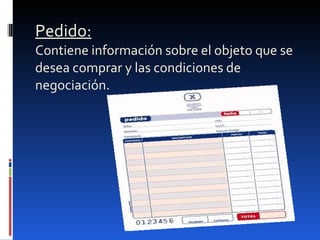 Pedido: Contiene información sobre el objeto que se desea comprar y las condiciones de negociación. 
