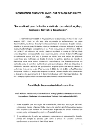 1
I CONFERÊNCIA MUNICIPAL LIVRE LGBT DE MOGI DAS CRUZES
(2016)
“Por um Brasil que criminalize a violência contra Lésbicas,...
