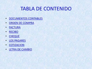 TABLA DE CONTENIDO
•   DOCUMENTOS CONTABLES
•   ORDEN DE COMPRA
•   FACTURA
•   RECIBO
•   CHEQUE
•   LOS PAGARES
•   COTIZACION
•   LETRA DE CAMBIO
 