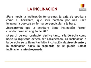LA INCLINACION
Para medir la inclinación tomaremos la caja de escritura
como el horizonte, que será cortado por una línea
imaginaria que cae en forma perpendicular a la base.
Indicaremos que la escritura tiene inclinación “cero”
cuando forma un ángulo de 90 º.
A partir de eso, cualquier declive tanto a la derecha como
hacia la izquierda deberá ser considerado. La inclinación a
la derecha se le llama también inclinación dextrovolvente y
la inclinación hacia la izquierda se le puede llamar
inclinación siniestrogenada.
 