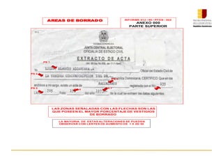 INFORME 012 / 99 / PFDN - 002
ANEXO 000
PARTE SUPERIOR
EXTRACTO DE ACTA
SR.
PEDRO ALCANTARA MORALES
LA MAYORIA DE ESTAS ALTERACIONES SE PUEDEN
OBSERVAR CON LENTES DE AUMENTO DE 1 X 20/ 50
AREAS DE BORRADO
LAS ZONAS SEÑALADAS CON LAS FLECHAS SON LAS
QUE POSEEN EL MAYOR PORCENTAJE DE VESTIGIOS
DE BORRADO
PS 1
PS 2
PS 3
PS 5
PS 6
PS 7 PS 4
 
