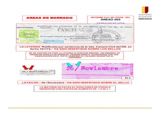 INFORME 012 / 99 / PFDN - 002
ANEXO 005
EXTRACTO DE ACTA
PARTE INFERIOR
SR.
PEDRO ALCANTARA MORALES
LA MAYORIA DE ESTAS ALTERACIONES SE PUEDE N
OBSERVAR CON LENTES DE AUMENTO DE 1 X 90 o +
AREAS DE BORRADO
LA LEYENDA “Ratificada por sentencia de la 2da. Cámara Civil del DN. en
fecha 16/1/74.-” HA SIDO INSERTADA SOBRE LOS SELLOS
NO HA EXISTIDO EN TODA LA LEYENDA ALTERACION NINGUNA, SIN EMBARGO SE
OBSERVAN SEÑALES DE BORRADO, PROBABLEMENTE OCASIONADAS POR UNA
EQUIVOCACION EN EL TEXTO, DEBIENDO EL FALSARIO READAPTAR EL
CONTENIDO
LA FECHA “ 26 / Noviembre ” HA SIDO INSERTADA SOBRE EL SELLO
PI 3
 