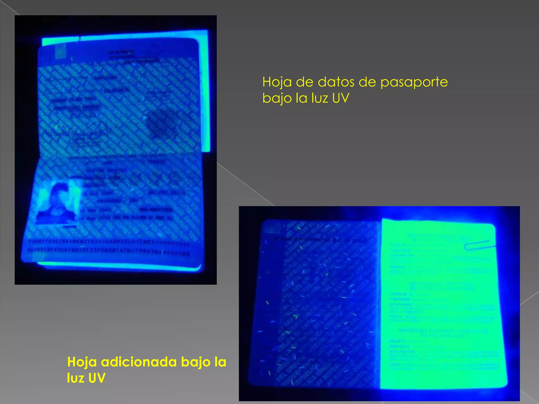 Hoja de datos de pasaporte
                          bajo la luz UV




Hoja adicionada bajo la
luz UV
 