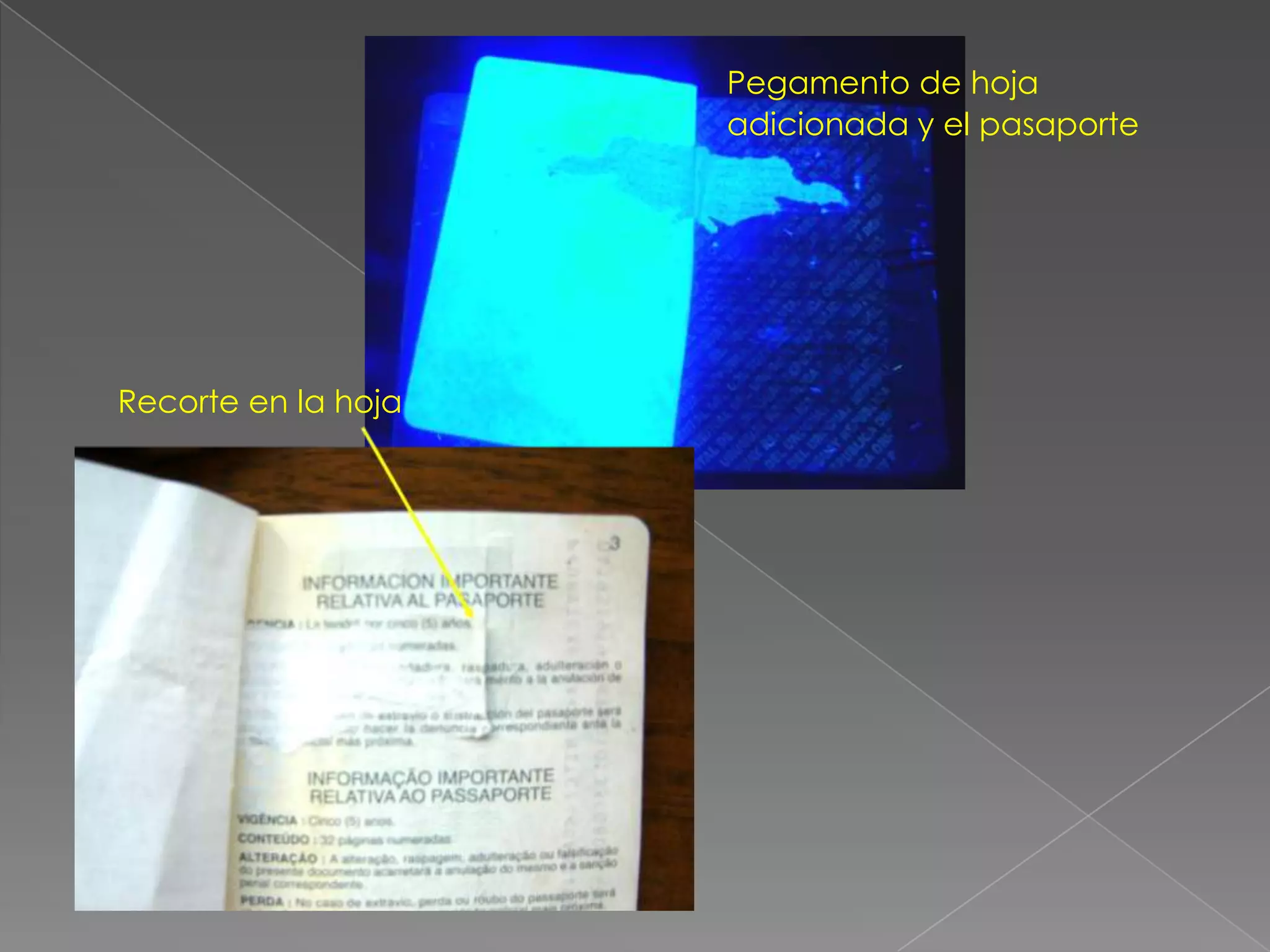 Pegamento de hoja
                     adicionada y el pasaporte




Recorte en la hoja
 