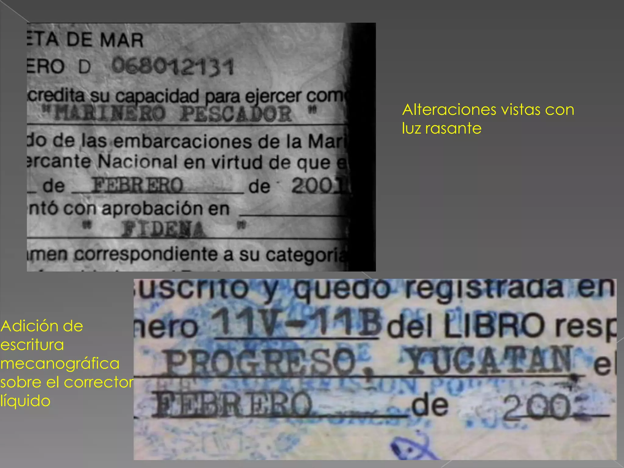 Alteraciones vistas con
                     luz rasante




Adición de
escritura
mecanográfica
sobre el corrector
líquido
 