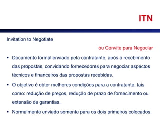 ITN

Invitation to Negotiate
                                          ou Convite para Negociar

 Documento formal enviado pela contratante, após o recebimento
  das propostas, convidando fornecedores para negociar aspectos
  técnicos e financeiros das propostas recebidas.

 O objetivo é obter melhores condições para a contratante, tais
  como: redução de preços, redução de prazo de fornecimento ou
  extensão de garantias.

 Normalmente enviado somente para os dois primeiros colocados.
 