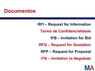 Documentos

             RFI – Request for Information
              Termo de Confidencialidade
                   IFB – Invitation for Bid
             RFQ – Request for Quotation
              RFP – Request for Proposal
              ITN – Invitation to Negotiate
 