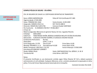 CERTIFICADO DE
SEGURO
EJEMPLO PÓLIZA DE SEGURO - VÍA AÉREA
CÍA. DE SEGUROS DE CHILKE S.A. CERTIFICADO DEFINITIVO DE TRANSPORTE
Ramo: AÉREO-IMPORTACION Póliza Nº 314 Certificado Nº 5.985
Vigencia desde: 27.09.1999
Hasta: TÉRMINO DEL VIAJE Fecha Emisión: 22.09.1999
Asegurado: DANZAS CHILE S.A. RUT: 96.551.880-0
Dirección: ROGER DEL FLOR 2736 Comuna-Ciudad: SANTIAGO
Por Cuenta de: EL DORADO LTDA RUT: 79.966.280-7
A Favor de
Materia asegurada: Mercancía en general. Nueva, Sin Uso. Juguetes Peluche.
Embalaje: ADECUADO
Cobertura: TODO RIESGO AVIÓN, BODEGA A BODEGA INCLUYE 30 DÍAS EN ADUANA
Adicionales: CLÁUSULA CHILENA GUERRA // CLAÚSULA CHILENA HUELGA
Condiciones Particulares: No Hay
Deducibles: 0,0% S. T. M. A.
Suma Asegurada: 12.370 Tasa % 0,50 Prima Neta: 61,85
Moneda: DÓLARES U. S. A. Tasa Adicional % 0,00 Prima Total: 61,85
Medio Transporte: LAN CHILE / LA-710 Fecha Embarque: 27/09/1999
Guía Aérea Nº ROM 007-23469877
Desde: ROMA-ITALIA Hasta: SANTIAGO/CHILE Vía: AÉREA C. A. M. B
Transbordo NO Línea Aérea: LAN CHILE
Notas:
El presente Certificado es una declaración emitida según Póliza flotante Nº 314 y deberá ajustarse
estrictamente a lo allí señalado. Cualquier diferencia, error u omisión prevalecerá lo expresado en dicha
póliza. Firma del Emisor Representante Autorizado de la Compañía
Comisión Corredor (%) 10,00
 